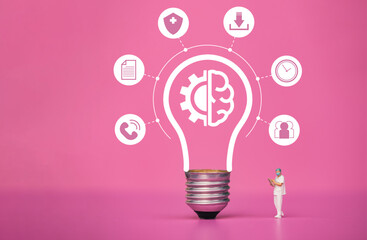 Miniature support , Doctor emergency medical wear surgical mask with technology lightbulb illustration graphic icon for article and website. Health care, Hospital service for covid-19 concept.