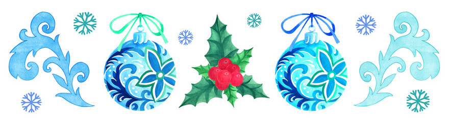 Set with christmas decorations for greeting cards, invitations, prints, posters, stickers, packaging. Watercolor elements for your design