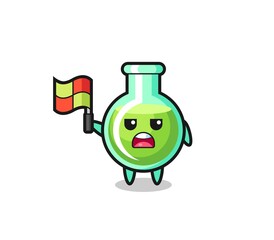 lab beakers character as line judge putting the flag up