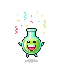 happy lab beakers mascot jumping for congratulation with colour confetti