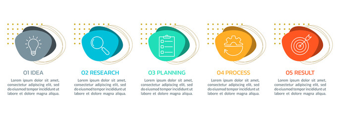 5 steps info graphic with abstract shapes. Business process, presentation, infographic layout template with modern icons. Vector illustration.