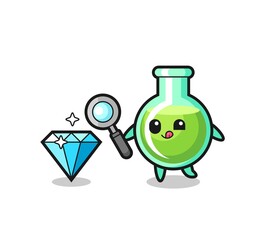 lab beakers mascot is checking the authenticity of a diamond