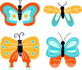 Cute summer cartoon butterflies and moths set vector illustration. Spring bright colors for decoration. 