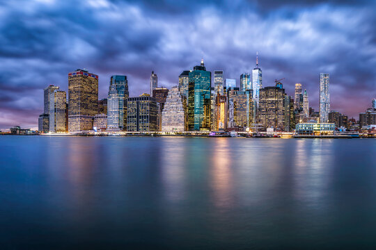 Lower Manhattan skyline at night, New York City, USA