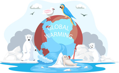 Animals and birds escape climate change and global warming on planet. Animals during global warming concept. Increase in water temperature affects animal kingdom. Greenhouse effect on planet Earth