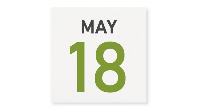 May 18 date behind crumpled paper page of a calendar, 3d animation