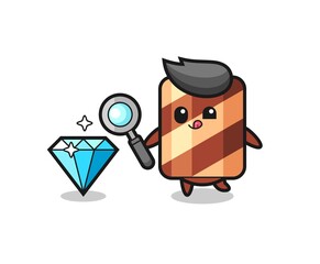 wafer roll mascot is checking the authenticity of a diamond
