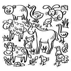 Doodle animal farm set. Black and white