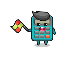 calculator cartoon as the line judge hold the flag up at a 45 degree angle