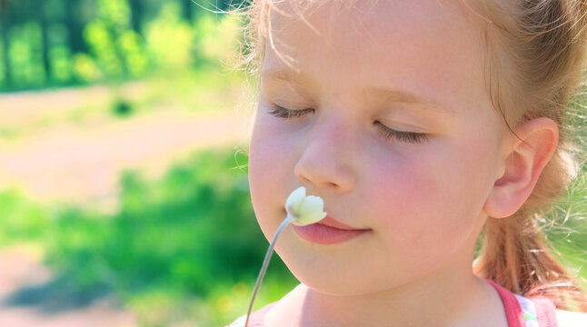 Happy little girl smeling  summer flower . Happy child enjoying nature outdoors