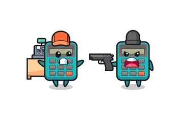 illustration of the cute calculator as a cashier is pointed a gun by a robber