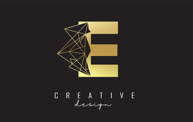 Golden Letter E logo design with broken stone, glass detail. Vector Illustration with geometrical effect.