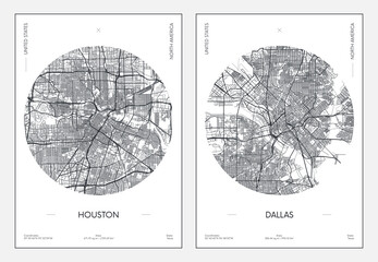 Travel poster, urban street plan city map Houston and Dallas, vector illustration