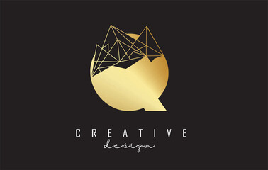 Golden Letter Q logo design with broken stone, glass detail. Vector Illustration with geometrical effect.