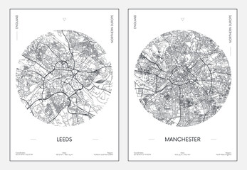Travel poster, urban street plan city map Leeds and Manchester, vector illustration