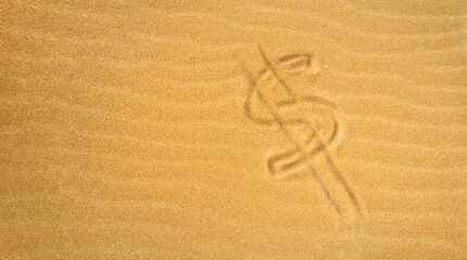 Fototapeta na wymiar Dollar Sign on Sand on Beach Holiday Background