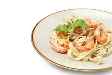 Plate of shrimp pasta isolated on white background