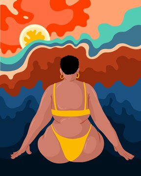 Woman with a bikini from behind looking into an abstract sunset