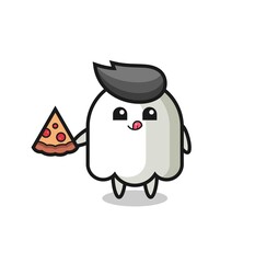 cute ghost cartoon eating pizza