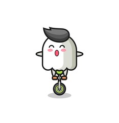 The cute ghost character is riding a circus bike