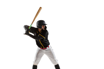 Baseball player, pitcher in a black white sports uniform practicing isolated on a white studio...