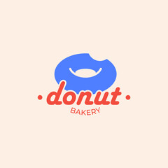 Minimalist logo or emblem for donut shop and bakery. Bright vector design with bitten donut. Identity. Business Card.