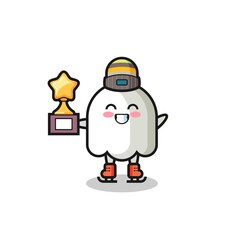 ghost cartoon as an ice skating player hold winner trophy