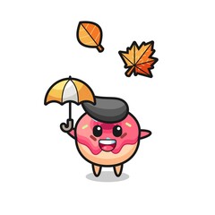 cartoon of the cute doughnut holding an umbrella in autumn