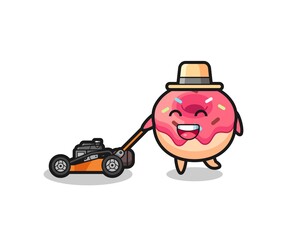 Fototapeta premium illustration of the doughnut character using lawn mower