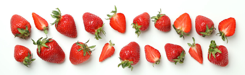 Fresh tasty strawberry with leaves on white background