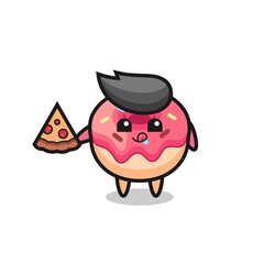 cute doughnut cartoon eating pizza