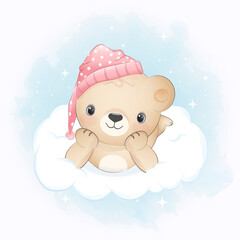 Teddy bear on the cloud blue watercolor background