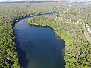 Aerial view of Schlachtensee, the most southerly in the Grunewald chain of lakes, which belongs...