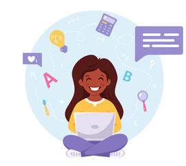 Indian girl studying with computer. Online learning, back to school concept. Vector illustration