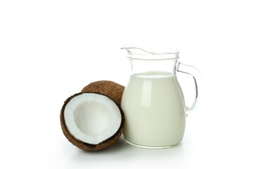 Pitcher of milk and coconut isolated on white background