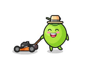illustration of the coconut character using lawn mower