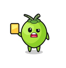 cartoon coconut character as a football referee giving a yellow card