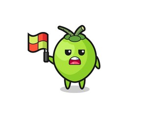 coconut character as line judge putting the flag up