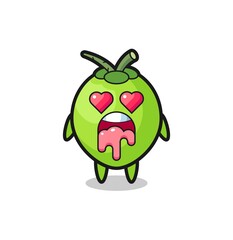 the falling in love expression of a cute coconut with heart shaped eyes