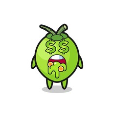 coconut character with an expression of crazy about money