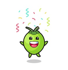 happy coconut mascot jumping for congratulation with colour confetti