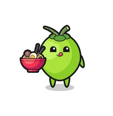 cute coconut character eating noodles