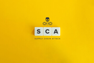 SCA (Supply Chain Attack) banner and concept. Block letters on bright orange background. Minimal...