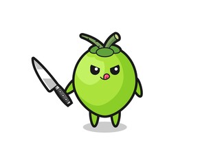 cute coconut mascot as a psychopath holding a knife