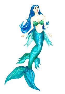 Mermaid with blue long hair, isolated on white watercolor illustration