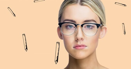 Animation of pencils repeated with woman on white background