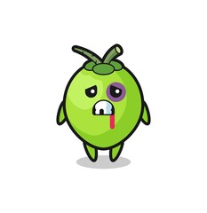 injured coconut character with a bruised face