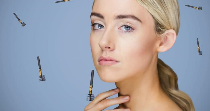Animation of make up brush repeated with woman on blue background