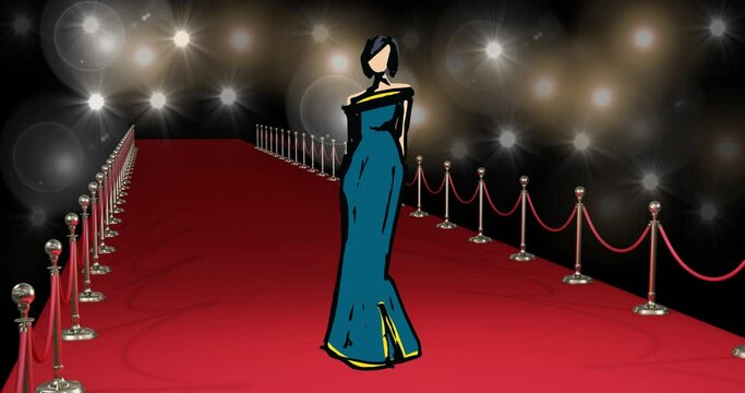 Animation of drawing of model on red carpet at fashion show, on black background