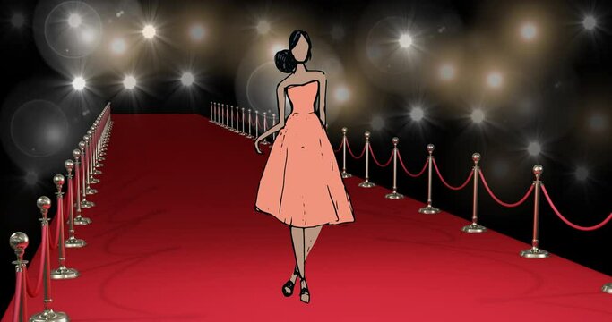 Animation of drawing of model on red carpet at fashion show, on black background